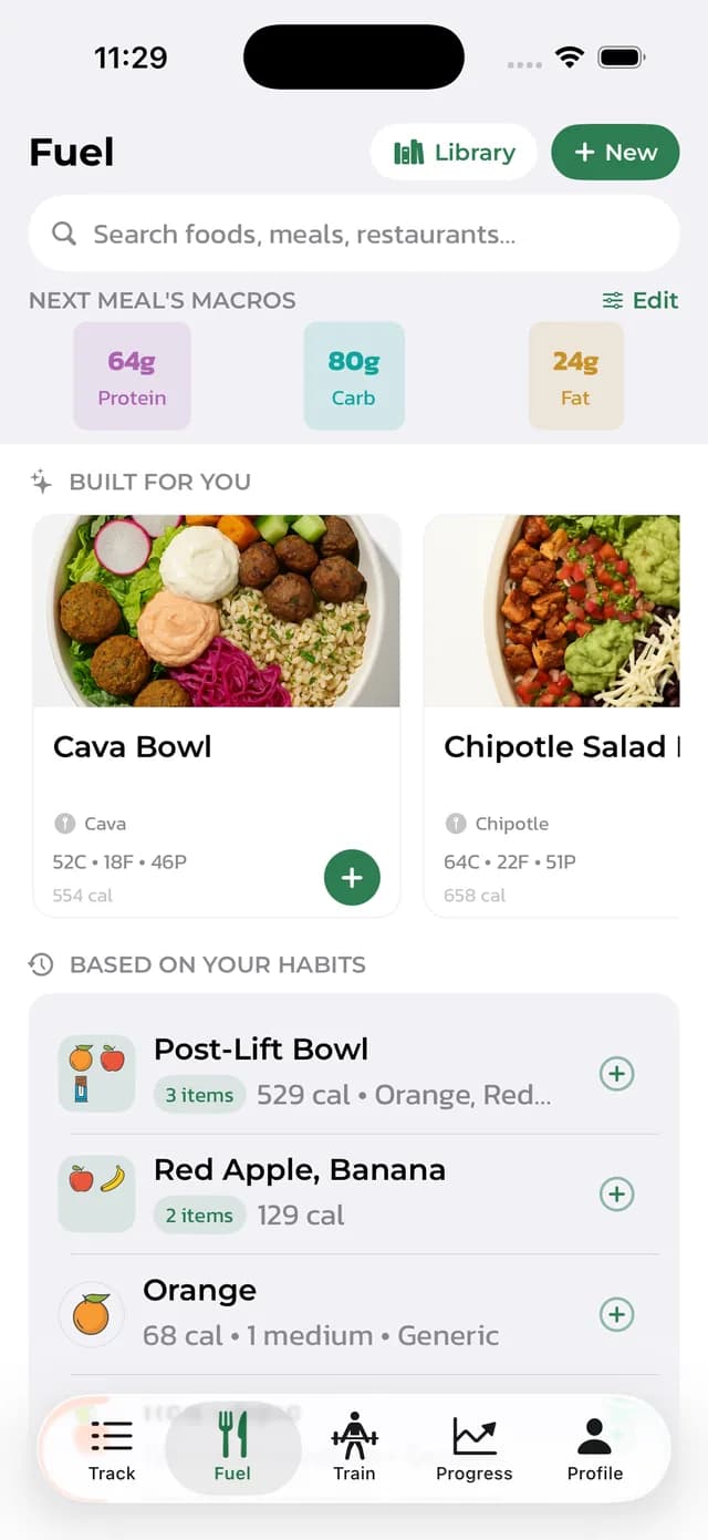 Fuel tab: built-for-you meals and one-tap repeats