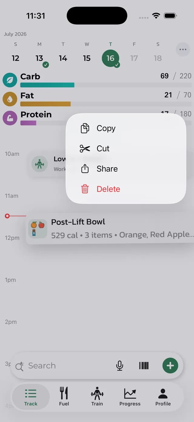 Share action on a logged meal, right from the day timeline
